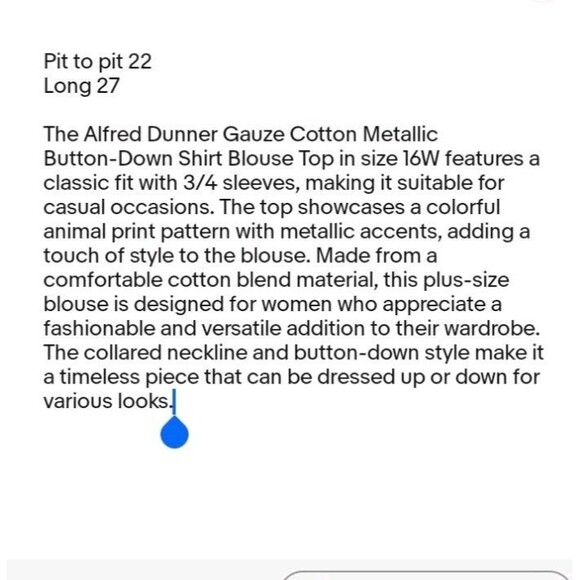 Alfred Dunner Gauze Cotton Metallic Bottondown Shirt Blouse Top 16 W. 3/4 Sleeve - Picture 10 of 10